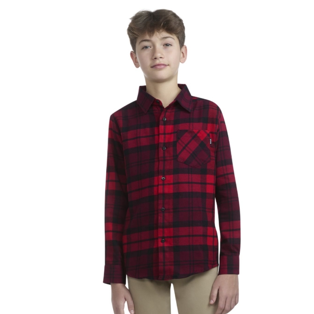 HURLEY | Boy's Black/Gym Red Long Sleeved Flannel Button Down Plaid Shirt